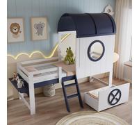 Lit superposé, Lit à mi-hauteur, Lit d'enfant avec toit et fenêtre, Tiroir inférieur avec roulettes, Pratique échelle inclinée à deux marches, Pin + MDF + contreplaqué, Blanc+bleu foncé, 90x200cm