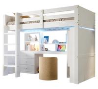 Lit superposé - Lit combiné - 140 x 200 cm - Éclairage LED - Armoire - Bureau - Tiroirs - Bois de pin