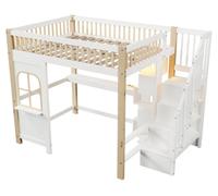 Lit superposé - Lit combiné - 140 x 200 cm - Éclairage LED - Bureau intégré - Rangement - Blanc/Bois naturel - Sans matelas