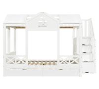 Lit superposé - Lit combiné 90 x 200 / 140 x 200 cm - Bois - 2 tiroirs sur roulettes - Escalier avec 4 étagères - Fenêtre et toit - Blanc