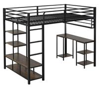 Lit superposé - Lit combiné avec bureau - 120 x 200 cm - Structure en métal et en bois - Espace de rangement - Escalier à 4 marches - Noir et bois de noyer foncé