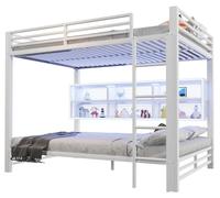 Lit superposé - Lit combiné en métal - 6 espaces de rangement - Éclairage LED - Barrières de sécurité - Dimensions : 140 x 200 cm - Blanc