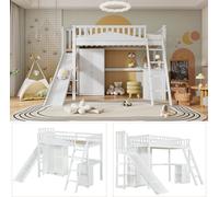 Lit superposé, lit d'enfant, avec barrières de sécurité, avec table et armoire, nombreux rangements, avec échelle à quatre échelons, pin + MDF + contreplaqué,