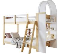 Lit superposé, Lit d'enfant, Avec étagère à trois niveaux, Barrière de sécurité, Escabeau à trois niveaux, Sommier à lattes stable, Pin + MDF + contreplaqué