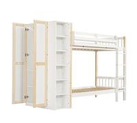 Lit superposé, lit d'enfant avec protection contre les chutes et barrières, avec échelle à 4 marches, 6 étagères ouvertes, beaucoup d'espace de rangement, blanc+naturel, 90x200cm
