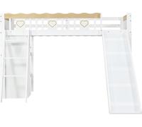 Lit superposé, lit d'enfant, avec toboggan, armoire et rangement sous le lit, barrière à quatre côtés avec motifs en pin + MDF + contreplaqué, blanc + naturel, bois massif + MDF