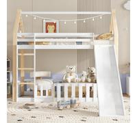 Lit superposé, Lit d'enfant, Forme de toit exquise, Avec toboggan amusant pour enfants, Espace libre avec clôture, Sommier à lattes stable et échelle,Blanc+Nature, 90x200cm