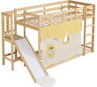 Lit superposé, lit en bois avec escalier et barrières, avec rideau de lit, toboggan, lit d'enfant avec protection contre les chutes et barrières, MDF+pin, naturel, 90x200cm