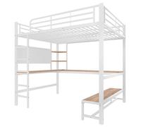 Lit superposé - Lit en métal - 140 x 200 cm - Bureau avec panneau perforé - Barrière de sécurité et échelle - Ports USB et Type-C avec éclairage LED - Espace de rangement - Blanc