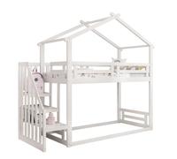 Lit Superposé - Lit Enfant 90x200 Cm Avec Toît, Escalier Sécurisé Et Lit Double Étage, Bois Massif, Couleur Blanc