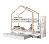Lit superposé, lit gigogne en forme de cabane, lit coulissant, escalier avec 4 tiroirs, lit d'enfant avec barrière de sécurité et tours de lit, avec sommier à lattes,