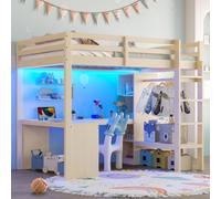 Lit superposé / lit mezzanine 140 x 200 cm, avec étagères multifonctions, bureau sous le lit, éclairage LED et prise USB, lit fonctionnel pour enfants et adolescents