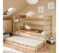 Lit superposé, lit mezzanine, lit pour enfant 90 x 200 cm avec lit gigogne et tiroirs ; transformable en 3 lits simples avec matelas, sommiers à lattes et barrières de sécurité, couleur naturelle