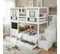Lit superposé, lit pour enfant, avec une petite zone de panneaux perforés et 5 crochets en bois inclus, deux tiroirs, et un placard pour ranger les marches