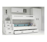 Lit Superposé Max 3 Enfant 200x80, 200x120 Escalier-Sommier & Barrière de Sécurité, 5 Tiroirs, Charge 100 kg, 2 Enfants (Blanc)
