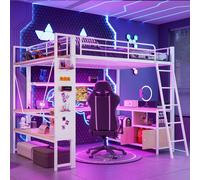 Lit superposé Merax 140 x 200 cm, avec bande lumineuse LED, plaque métallique, bureau, plusieurs étagères, port USB, lit bébé, lits superposés, blanc