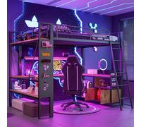 Lit superposé Merax 140 x 200 cm, avec bande lumineuse LED, plaque métallique, bureau, plusieurs étagères, port USB, lit bébé, lits superposés, noir