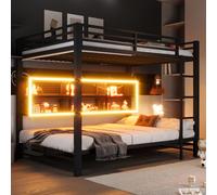 Lit superposé Merax 140 x 200 cm, lit enfant avec étagères métalliques, éclairage LED, cadre métallique, lit superposé, lit adolescent, lit en fer, noir
