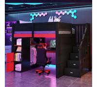 Lit superposé Merax 140 x 200 cm, lit enfant, lit mezzanine gaming avec bureau, penderie, LED, USB, escalier avec rangement, lit superposé, noir + rouge