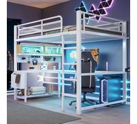 Lit superposé Merax 140 x 200 cm, lit mezzanine gaming avec bureau, éclairage LED, station de recharge USB, tablette pour clavier, lit d'enfant et d'adolescent en métal, blanc