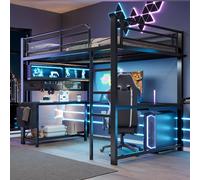 Lit superposé Merax 140 x 200 cm, lit mezzanine gaming avec bureau, éclairage LED, station de recharge USB, tablette pour clavier, lit pour enfants et adolescents en métal, noir