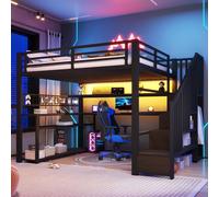 Lit superposé Merax 140 x 200 cm, lit mezzanine gaming en métal avec éclairage LED, bureau, armoire et rangements, lit pour enfant, lit pour adolescent avec échelle, noir