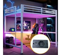 Lit superposé Merax 140 x 200 cm, lit mezzanine métallique pour gamers avec éclairage LED, station de recharge USB et bureau, lit superposé, lit enfant, lit adolescent, blanc