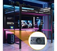 Lit superposé Merax 140 x 200 cm, lit mezzanine métallique pour gamers avec éclairage LED, station de recharge USB et bureau, lit superposé, lit enfant, lit adolescent, noir