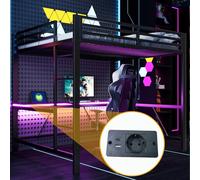 Lit superposé Merax 160x200 cm, lit mezzanine métallique pour gamers avec éclairage LED, station de recharge USB et bureau, lit superposé, lit enfant, lit adolescent, noir