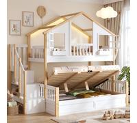 Lit superposé Merax 90 x 200 + 140 x 200 cm avec sommier hydraulique, lit mezzanine en bois massif avec éclairage LED et escalier avec rangement, lit enfant en forme de maison avec fenêtre, blanc