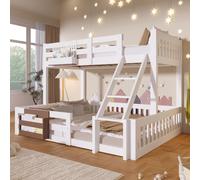 Lit superposé Merax 90 x 200 + 140 x 200 cm, lit mezzanine en fer avec rangements, échelle, barrières de sécurité, lit d'enfant, lit superposé, lit pour adolescent, blanc