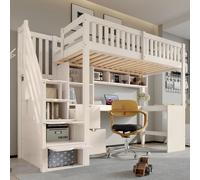 Lit superposé Merax 90 x 200 cm avec armoire sous l'escalier et bureau d'angle, lit enfant avec espace de rangement et tiroirs, EN747, blanc