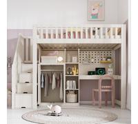 Lit superposé Merax, 90 x 200 cm, avec bureau et armoire, lit d'enfant avec étagères, ports USB et USB-C, échelle avec rangements, lit pour adolescent, blanc