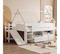 Lit superposé Merax 90 x 200 cm avec cadre de toit, lit mezzanine avec toboggan de sécurité et tiroirs, lit enfant avec aire de jeux et barrière de sécurité, blanc