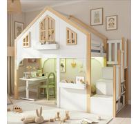Lit superposé Merax 90 x 200 cm avec LED et escalier avec rangement, lit mezzanine en forme de fenêtre avec sommier à lattes en bois, lit maison avec fenêtre ouvrante, blanc + naturel