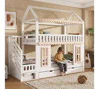 Lit superposé Merax 90 x 200 cm avec rangement, lit d'enfant avec échelle, compartiments et 2 tiroirs, lit en forme de maison avec fenêtres en bois, en pin et MDF, blanc