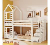 Lit superposé Merax 90 x 200 cm avec tiroirs, style cabane dans les arbres, lit pour enfant avec barrière de sécurité, lit mezzanine avec barrière de sécurité pour enfants, 2 sommiers à lattes, blanc