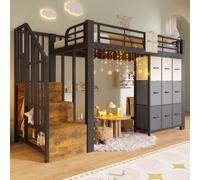 Lit superposé Merax, 90 x 200 cm, lit d'enfant en métal avec 9 tiroirs, tringle à vêtements, mini-sac, escalier avec espace de rangement, lit superposé pour adolescents, noir