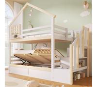 Lit superposé Merax 90 x 200 cm, lit d'enfant en pin avec rangement hydraulique, barrières de sécurité, échelle de rangement, motif maison et fenêtre, blanc + naturel