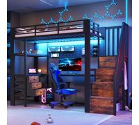 Lit superposé Merax, 90 x 200 cm, lit en métal avec étagère, tiroirs, panneau perforé, table, lit pour enfants et adolescents avec prise électrique et éclairage LED, noir