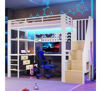 Lit superposé Merax, 90 x 200 cm, lit en métal avec tablette, tiroirs, panneau perforé, table, lit pour enfants et adolescents avec prise électrique et éclairage LED, blanc