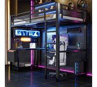 Lit superposé Merax 90 x 200 cm, lit mezzanine gaming avec bureau, éclairage LED, station de recharge USB, tablette pour clavier, lit pour enfants et adolescents en métal, noir
