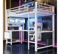 Lit superposé Merax 90 x 200 cm, lit mezzanine gaming avec bureau, éclairage LED, station de recharge USB, tablette pour clavier, lit pour enfants et adolescents en métal, blanc