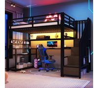 Lit superposé Merax 90 x 200 cm, lit mezzanine gaming en métal avec éclairage LED, bureau, armoire et rangements, lit pour enfant, lit pour adolescent avec échelle, noir