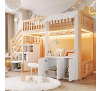 Lit superposé Merax, 90x200 cm, avec armoire de rangement, lit pour enfant avec barre lumineuse LED et escalier avec rangement, lit en bois avec barrière de sécurité, finition naturelle
