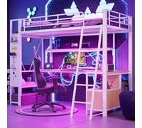 Lit superposé Merax, 90x200 cm, avec barre lumineuse LED, plaque métallique, bureau, plusieurs étagères, port USB, lit pour enfant, lit superposé, blanc