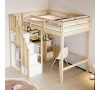 Lit superposé Merax 90x200 cm avec bureau et étagères, lit mezzanine avec escalier de rangement et échelle de sécurité, lit enfant avec cadre en bois massif, bois