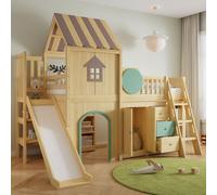 Lit superposé Merax, 90x200 cm, avec toboggan, cabane-lit avec escalier et armoire de rangement, lit pour enfant avec tiroirs, armoire, couleurs naturelles et vertes