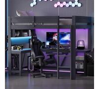 Lit superposé Merax 90x200 cm, lit mezzanine gaming en bois avec bureau, espace de rangement, éclairage LED et station de recharge USB, lit enfant, lit adolescent, gris