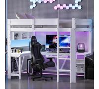 Lit superposé Merax 90x200 cm, lit mezzanine gaming en bois avec bureau, espace de rangement, éclairage LED et station de recharge USB, lit enfant, lit adolescent, blanc